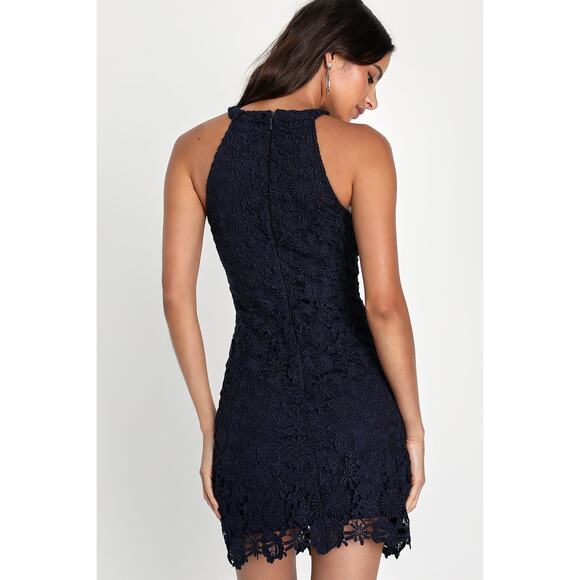 Lulus Love Poem Lace Mini Dress M Navy Blue Sheath Halter Fully Lined Back Zip - Picture 4 of 10